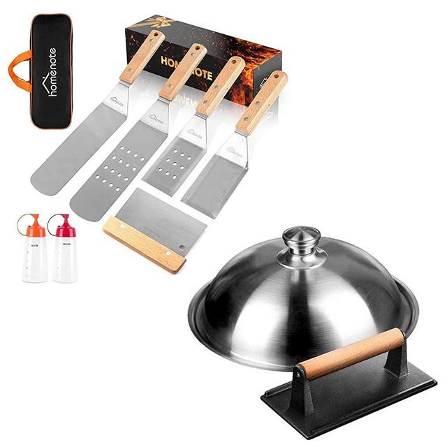 HOMENOTE Griddle Accessories Kit, 7-Pieces Exclusive Griddle Tools Long/Short Spatulas Set and 12 Inch Heavy Duty Round Basting Cover Cheese Melting Dome with Cast Iron Burger Bacon Press