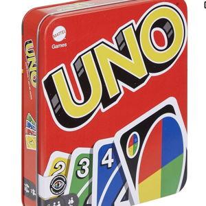 Mattel Games UNO Family Card Game, with 112 Cards in a Sturdy Storage Tin, Travel-Friendly, Makes a Great Toy for 7 Year Olds and Up