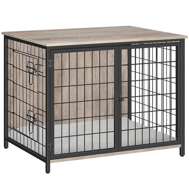 MAHANCRIS Dog Crate Furniture with Cushion, Wooden Dog Kennel with Double Doors, Heavy Duty Dog Cage for Small/Medium/Large Dogs, Indoor Dog House End Table, 31.5" L, Greige DCHG0701