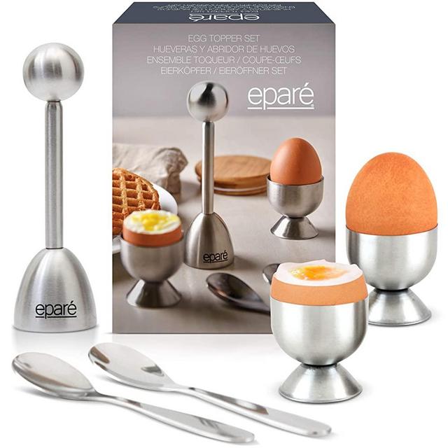 Steel Egg Cracker Topper Tool Set - Easter Egg Cutter - Egg Cups For Soft Boiled Eggs Cracker Holder - Eggshell Breaker, Opener & Remover - Egg Shell Cutting Tool Includes Spoons by Eparé