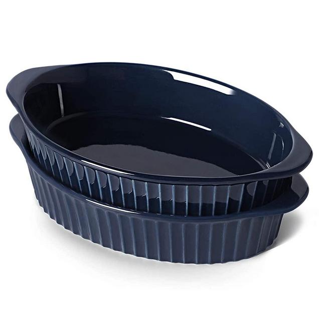 LEETOYI Porcelain Small Oval Au Gratin Pans, Baking Dish Set for 1 or 2 person servings, Bakeware with Double Handle for Kitchen and Home, Set of 2 (Navy)