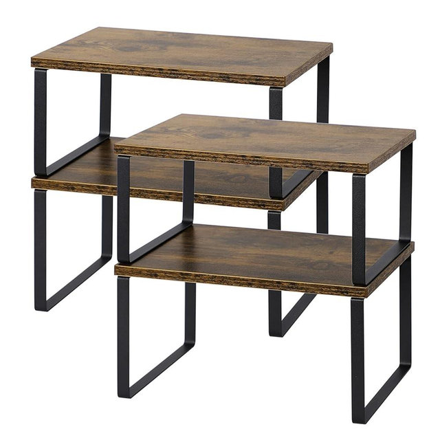 NEX Kitchen Cabinet and Counter Shelf Organizer, Shelf Riser for Pantry Countertop Cupboard Desk Top, Stackable & Expandable, Set of 4, Black and Rustic Brown