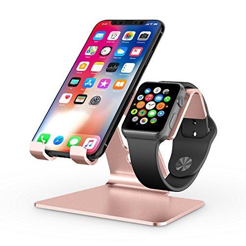 Apple Watch Stand, OMOTON 2 in 1 Universal Desktop Stand Holder for iPhone and Apple Watch Series 5/4/3/2/1 (Both 38mm/40mm/42mm/44mm) (Rose Gold)