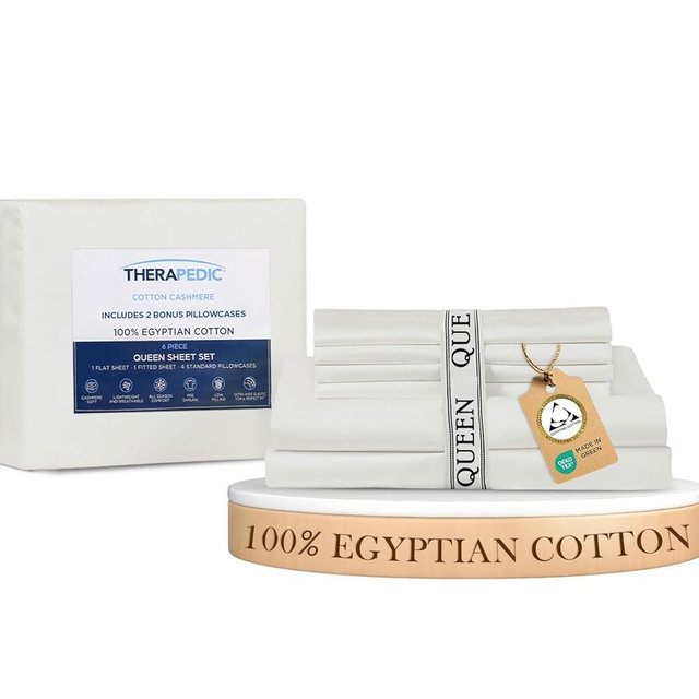 Therapedic 100% Egyptian Cotton Queen 6-Piece Sheet Set – Naturally Cooling & Breathable Sateen, Preshrunk Garment Wash, 16" Deep Pocket Fitted Sheet, Bonus Pillowcases, Soft & Durable - White