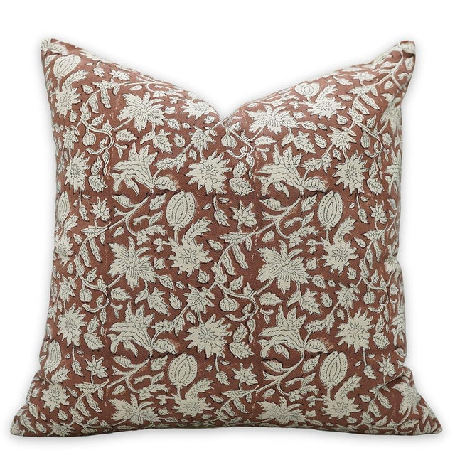 Fabritual Handmade Block Print Duck Canvas 18X18 Throw Vintage Pillowcase Cushion Cover with Zipper for Sofa, Couch and Bed, Outdoor, Spring, Fall Decoration, Boho Home Décor, Manikarnika, Brown