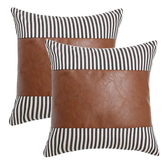 Kiuree Faux Leather Throw Pillow Covers Set of 2 Neutral Ticking Stripe Pillow Covers 18x18 Boho Modern Farmhouse Decorative Pillows for Bed Couch Accent Pillows(Black)