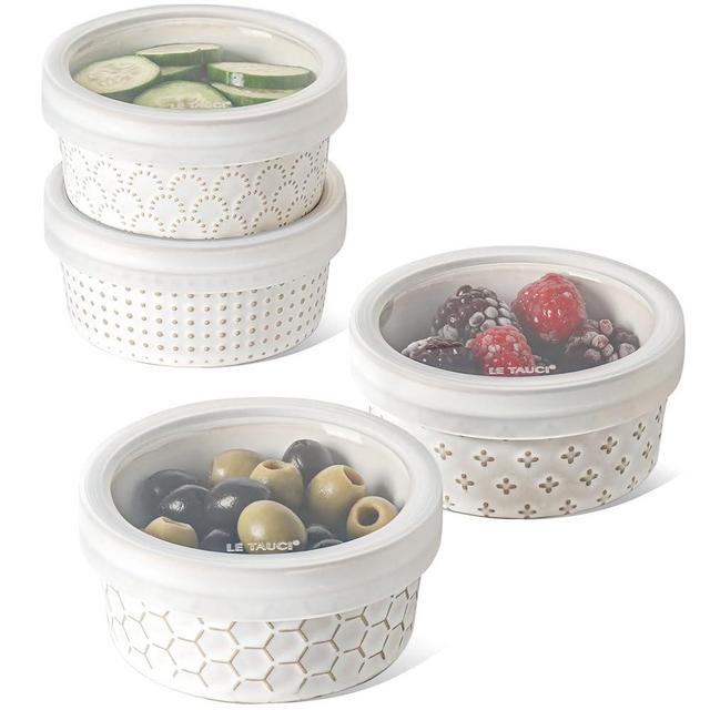 LE TAUCI Ramekins with Lids, 6 oz Ramikin Set for Creme brulee, Souffle, Dipping Sauces, Ceramic Food Storage Containers Great for leftovers - 4.2 inch, Set of 4, Arctic White