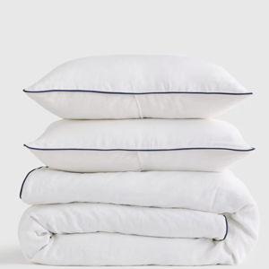 European Linen Piped Duvet Cover Set - White/Navy, Full/Queen