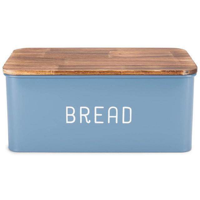 Nat & Jules Matte Blue 12 x 7 Metal Enamel Rubber Wood Lidded Bread Box