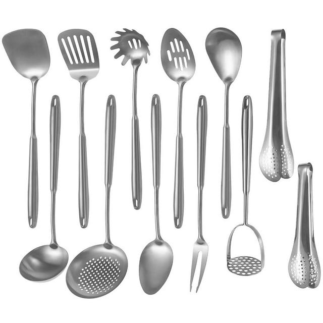 304 Stainlss Steel Kitchen Utensils Set, 12 Pcs Long Metal Cooking Utensil Gadgets Tools Set with Spatula, Ladle, Spoon, Ladle, Skimmer, Tunner, Pasta Server, Tongs(Silver, Dishwasher Safe)