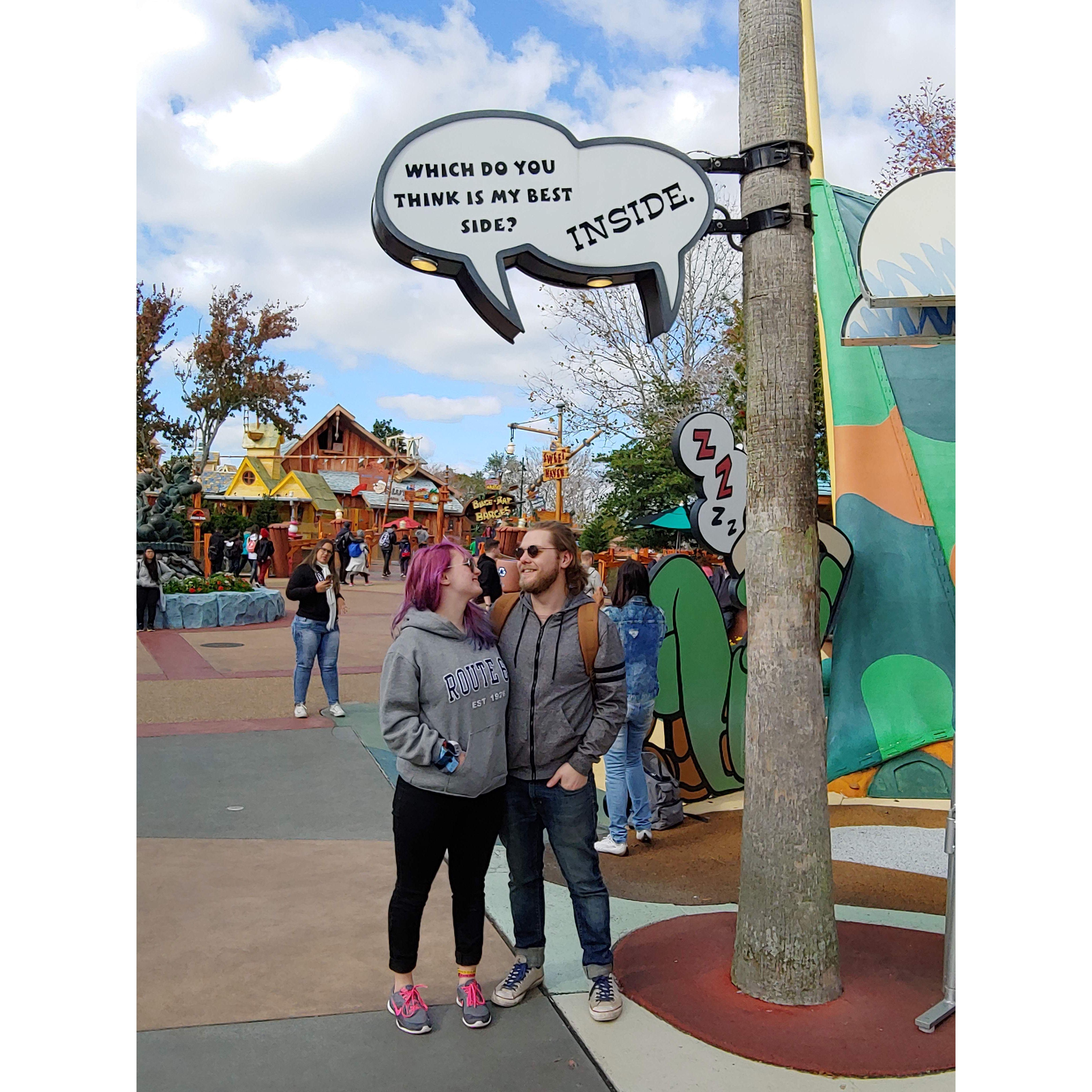We went to Universal Studios as our first "just us" vacation together and had a lot of fun with the signs they had around the Comic area!