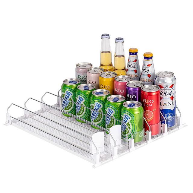 Rula Drink Dispenser for Fridge, Self-Pushing Soda Can Organizer for Refrigerator, Width Ajustable Beverage Pusher Glide, Spring Loaded Beer Pop Can Water Bottle Storage for Pantry, Kitchen-White