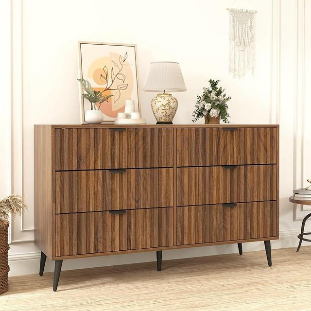 Furnivado Fluted Dresser with 6 Drawer Dresser, Modern Dressers for Bedroom, Natural Wood Dresser Organizer Dresser with Blister Drawers for Bedroom, Brown
