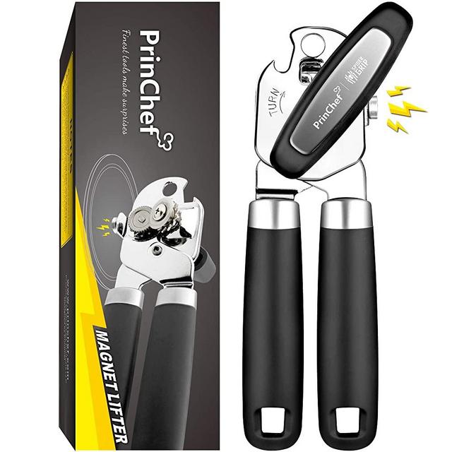 Can Opener with Magnet - No Trouble Lid Lift, Manual Can Opener Smooth Edge, with Soft Rubber Handles - Comfortable and Safe, Can Opener Handheld with Bottle Opener, Easy to Use & Heavy Duty, Black