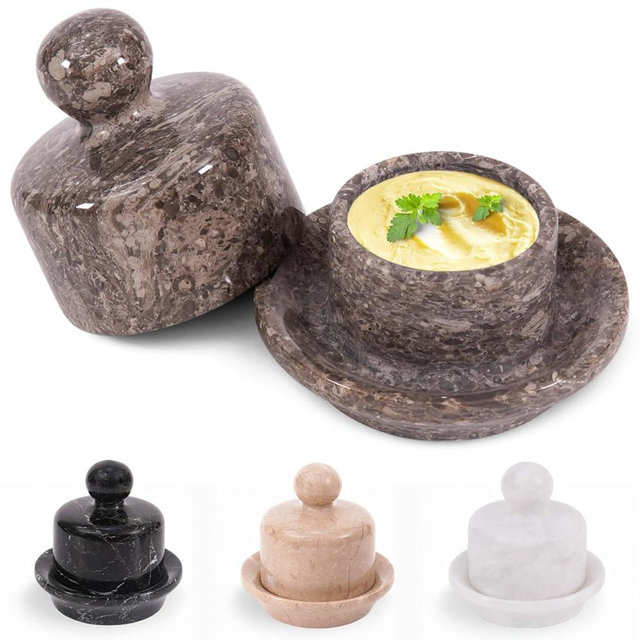 Marble Covered Butter Dish with Lid Mini 4 Inch Oceanic Stone Butter Keeper for Soft Spreadable Butter, Home & Kitchen Butter Crock