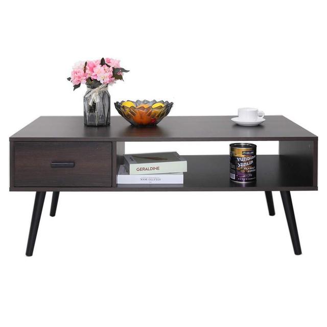 IWELL Mid-Century Coffee Table with 1 Drawer and Storage Shelf for Living Room, Cocktail Table, TV Table, Rectangular Sofa Table, Office Table, Solid Elegant Functional Table, Easy Assembly CFZ004A