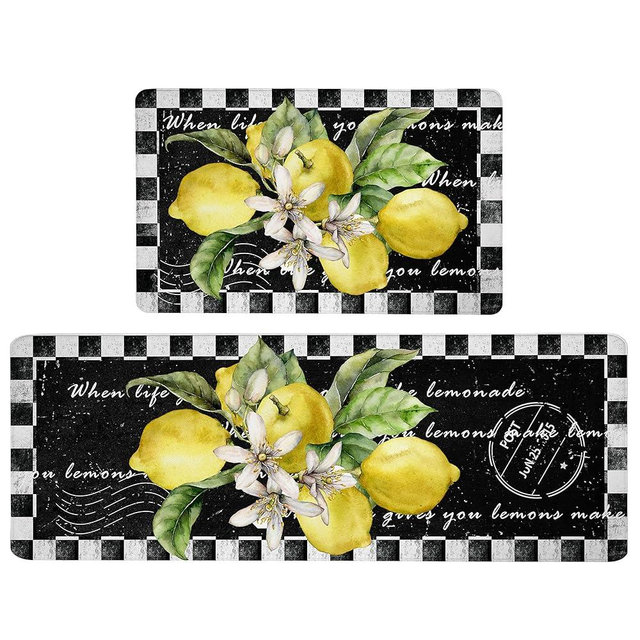 Lemon Kitchen Mat Set of 2 Anti Fatigue Kitchen Rugs Black and White Buffalo Plaid Comfort Standing Cushioned Kitchen Rugs and Mats Set for Kitchen Sink Laundry Room Office, 17.3" x28" + 17.3" x 47"