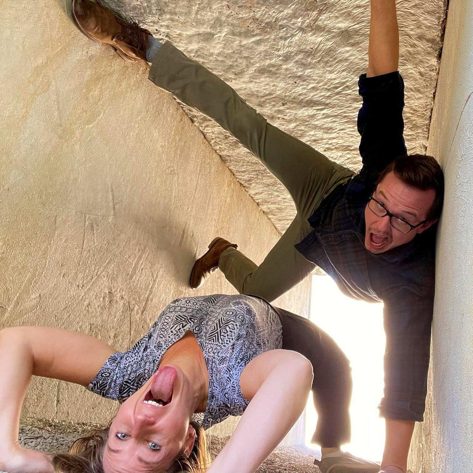 Being silly with the land art tunnels at Cedarhurst Sculpture Park in Illinois.