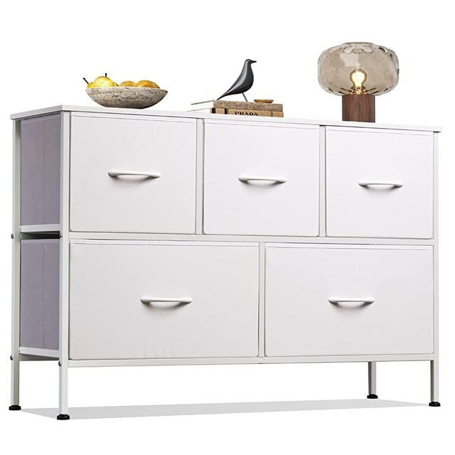 WLIVE Dresser with 5 Drawers, Dressers for Bedroom, Fabric Storage Tower, Hallway, Entryway, Closets, Sturdy Steel Frame, Wood Top, Easy Pull Handle (White)