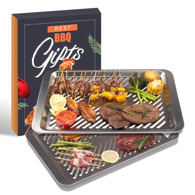 Grilling Prep and Serve Trays, Set of 2 Stackable Stainless Steel BBQ Tray, Standard Marinating Container, Serving Platter for Plating Food, BBQ Prep Tub for Marinating Meats, Grill Accessories