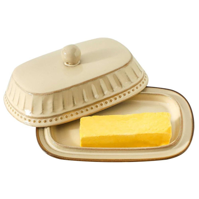 Hasense Vintage Butter Dish with Lid, Ceramic Butter with Lid for Countertop with Handle, Butter Holder Perfect for East West Coast Butter, Ceramic Butter Keeper Container with Lid for Kitchen, Beige