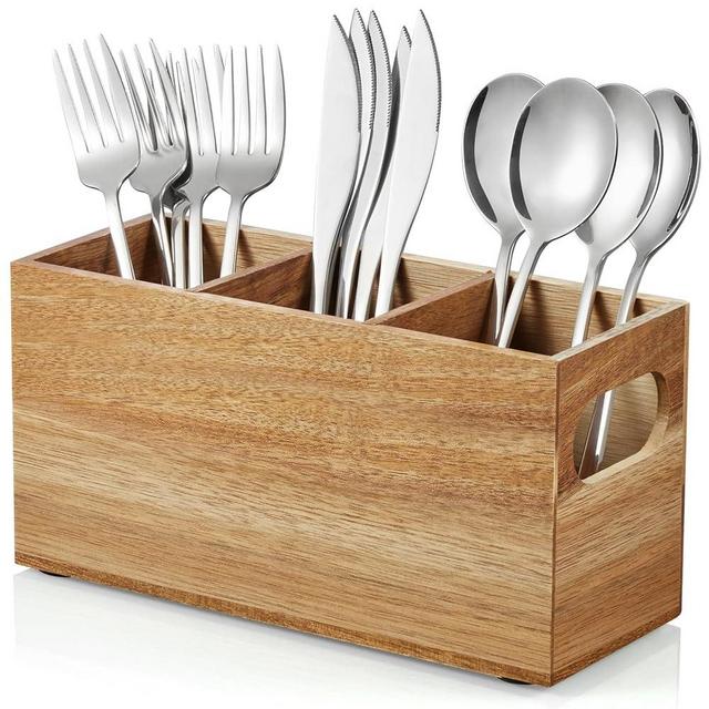 DRASTAR Silverware Holder,Acacia Wooden Utensil Caddy, Silverware Organizer Countertop, Cutlery Holder for Party, Fork Spoon Knife Organizer