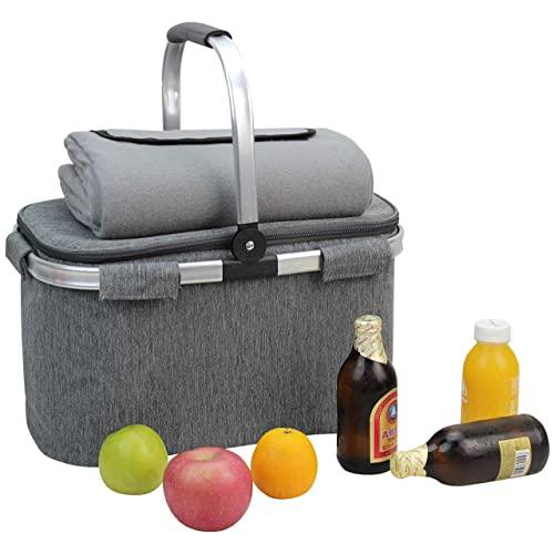 Picnic Basket Beautiful Design Insulated Tote Bag Kit Insulated Lunch Tote for Women & Men Picnic | Wine Picnic Set | Heavy Duty Aluminum Frame and Handle | Collapsible Cooler Keeps Drinks Cool