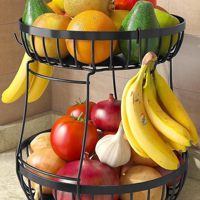 Sevenblue 2 Tier Fruit Basket for Kitchen Counter with 2 Banana Hangers, 2025 Pro Detachable Metal Fruit Bowl with Wooden Handle,Fruit Holder for Bread Snack Veggies, Black Extra Large