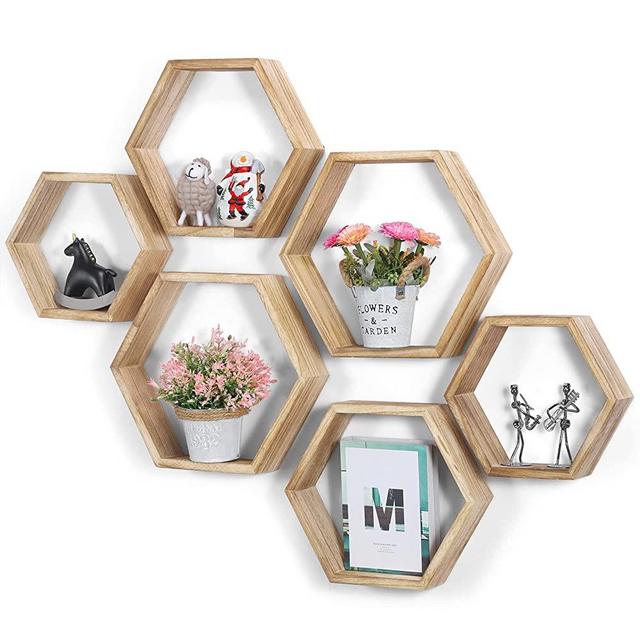 Hexagonal Floating Shelves Wall Mounted Set of 6 Wood Farmhouse Storage Honeycomb Wall Shelf for Bathroom, Kitchen, Bedroom, Living Room, Office,Driftwood Finish (Fire Roast)