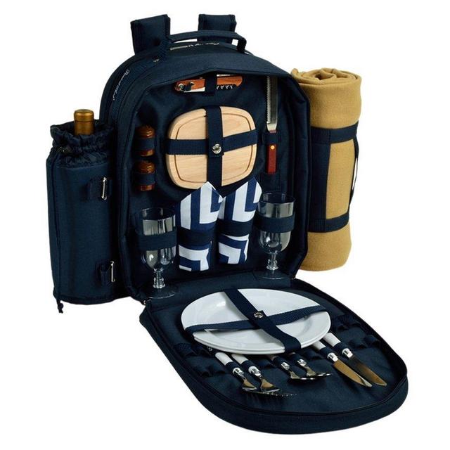 Picnic at Ascot - Deluxe Equipped 2 Person Picnic Backpack with Cooler, Insulated Wine Holder & Blanket - Chevron Blue