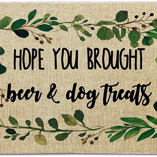 Occdesign Welcome Mat for Front Door Farmhouse Rustic Decorative Entryway Outdoor Floor Doormat Durable Burlap Outdoor Rug | Hope You Brought Beer and Dog Treats