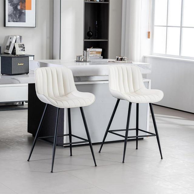Sidanli Counter Height Bar Stools Set of 2, Barstool Set of 2, Modern Faux Leather Barstools with Back & Footrest, 24 Inch Metal Leg Bar Chairs for Kitchen Island, White