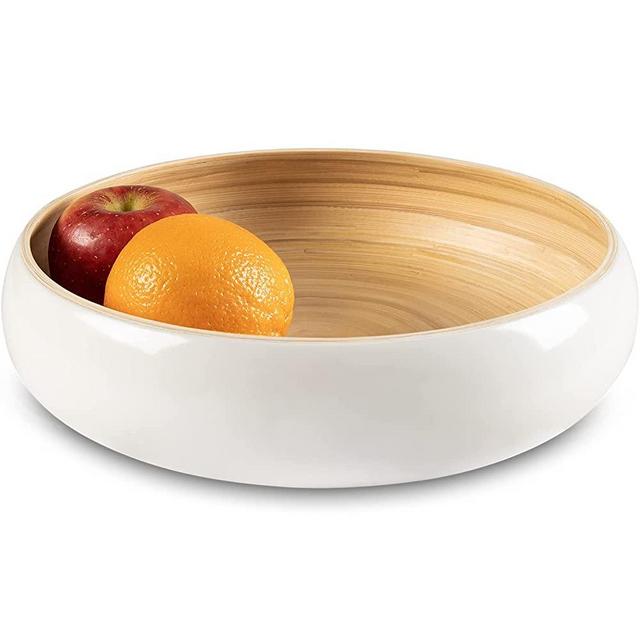 LEXA Bamboo Fruit Bowl for Kitchen Counter, 12 Inch Large & Round, Artisan Lacquered Wooden Fruit Bowl or Candy Bowl, Handcrafted Bamboo Fruit Basket for Kitchen & Home Decor (Ceramic White)