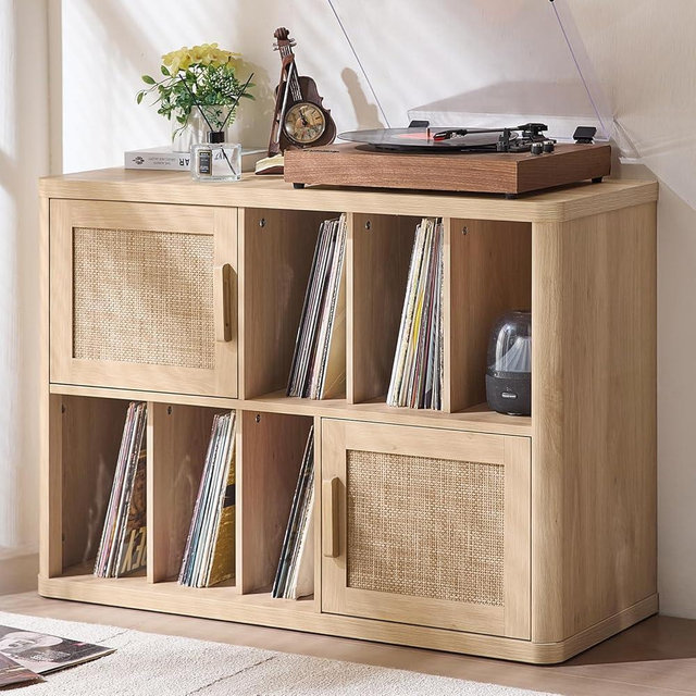 LEYAOYAO Large Record Player Stand with Vinyl Storage Up to 450 Albums, Wood Rattan Boho Record Storage Accent Cabinet, Modern Stereo Media Cabinets, Wide Turntable Stand for Living Room, Natural Oak