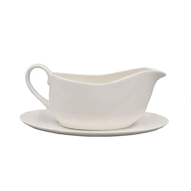 Porcelain Gravy Boat with Tray,White Ceramic Big Dripless Lip Spout for Gravy,Salad Dressings,Warming Sauces,Milk,Broth and More