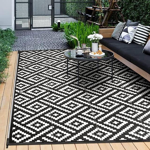 GENIMO Outdoor Rug for Patio Clearance,6'x9' Waterproof Mat,Reversible Plastic Camping Rugs,Rv,Deck,Porch,Camper,Balcony,Backyard,Black & White