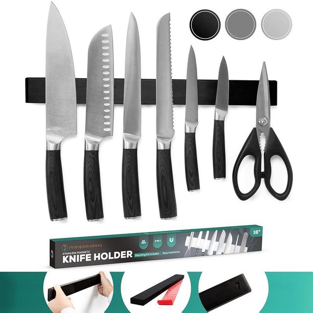 Black Magnetic Knife Holder 16 Inch Magnetic Strip for Wall and Fridge, No Drill Installation, Strong Adhesive Stainless Steel Organizer