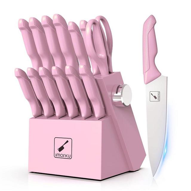 imarku Knife Set with Block, Sharp Knife Set with Built-in Sharpener, Japanese Stainless Steel Kitchen Knife Set with Non-Slip Ergonomic Handle, Dishwasher Safe, Best Holiday Gifts, 14 PCS, Pink