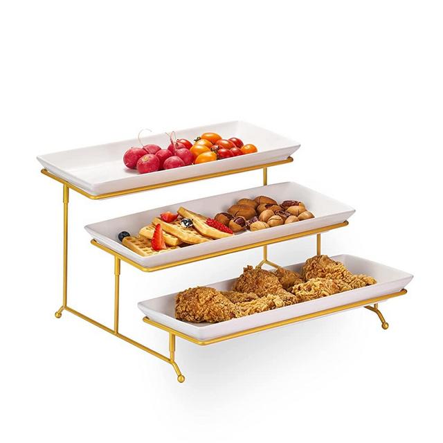 Large 3 Tier Serving Stand Tiered Serving Trays Collapsible Sturdier Rack with 3 Porcelain Serving Platters for Fruit Dessert Presentation Party Display Set