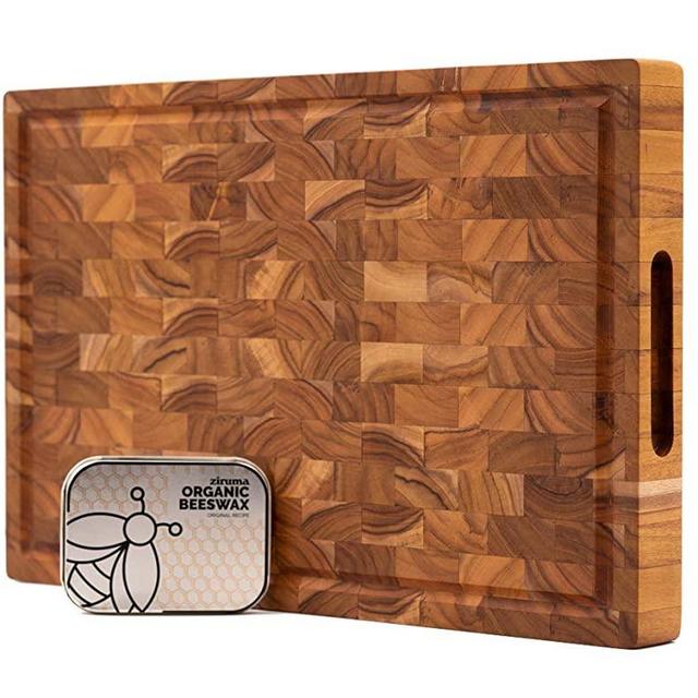 End Grain Teak Wood Cutting Board Cured with Pure Beeswax and Organic Coconut Oil - 2 oz of Extra Beeswax Included - 17" x 11" x1.5" by Ziruma