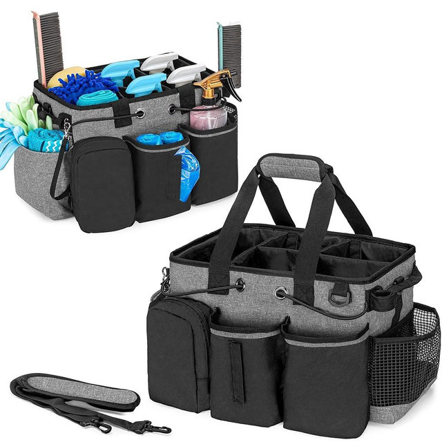 LoDrid Large Professional Cleaning Caddy with Detachable Divider, Supply Organizer with Handle and Shoulder Strap, Cleaning Bags for Housekeepers & Cleaners, Black