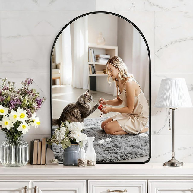PUZONJIG 24"x36" Wall Mirror for Bathroom Vanity, Modern Frosted Metal Framed Arch Mirror, Wall Mounted for Bedroom, Living Room, Entryway (Black)