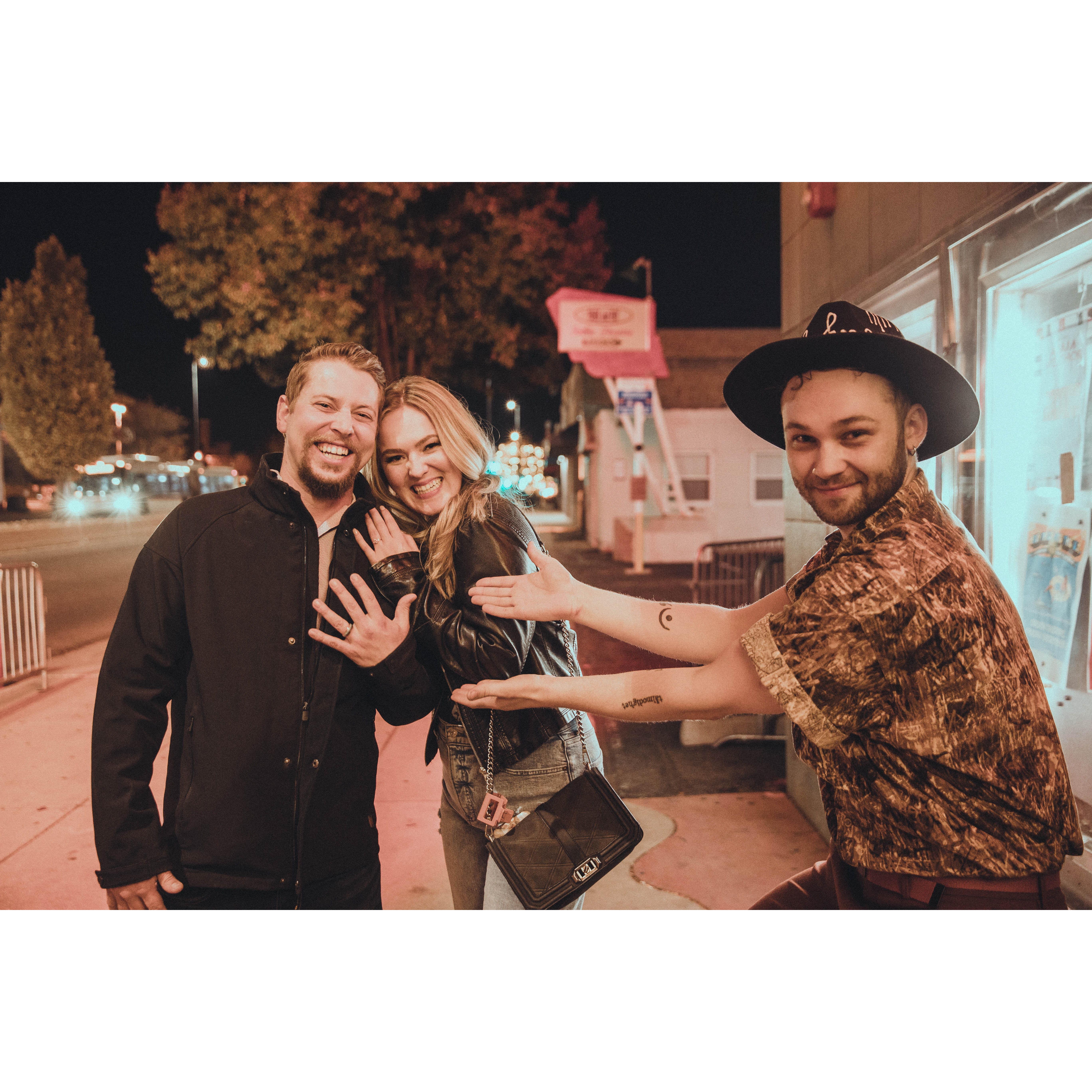 (Proposal, pt 4) We got a photo outside the venue with Ivan from Brasstracks. He felt bad the plan fell through (I was honestly relieved), and ran out to find us after the show. Such a great night!