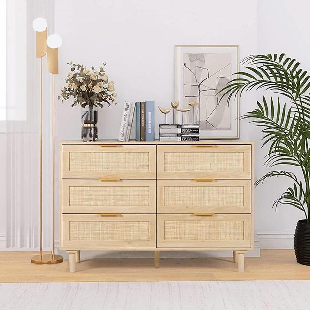 FUQARHY Rattan Dresser for Bedroom, Modern 6 Drawer Double Dresser with Gold Handles, Wood Storage Chest of Drawers for Kid Bedroom,Living Room,Hallway (Natural)
