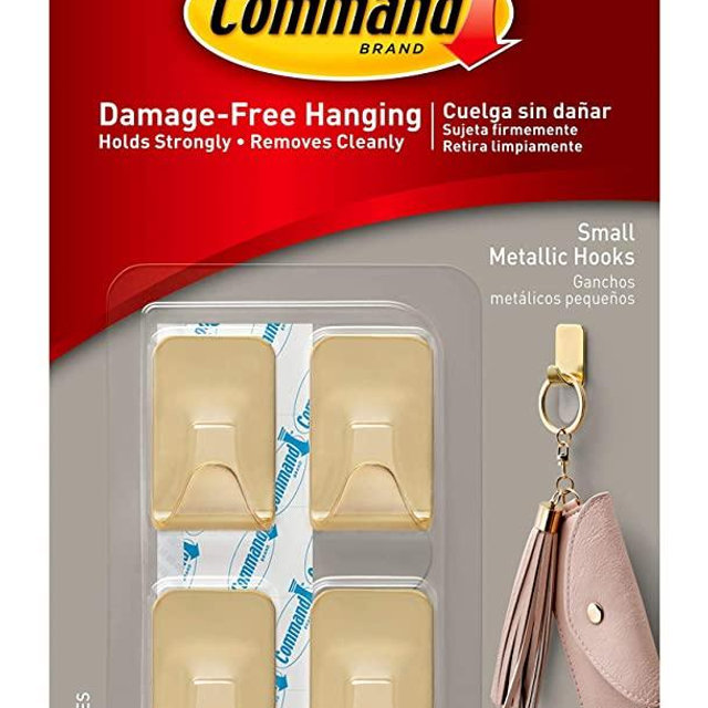 Command Small Metallic Hooks, Brass Color, 4-Hooks, 5-Strips, Decorate Damage-Free