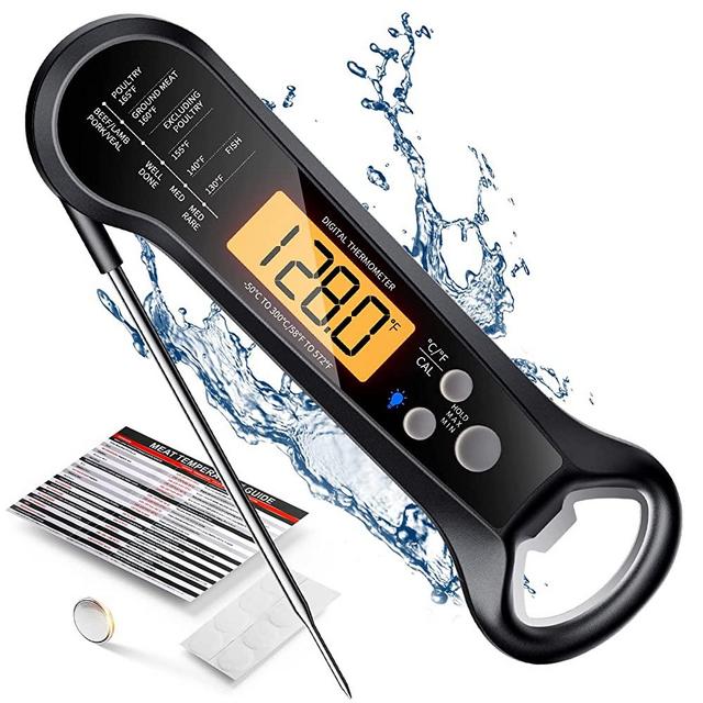 Digital Meat Thermometer, Waterproof Instant Read Food Thermometer for Cooking and Grilling. Kitchen Gadgets, Accessories with LED Backlit Display, Bottle Cap Opener for Kitchen, BBQ, Grill