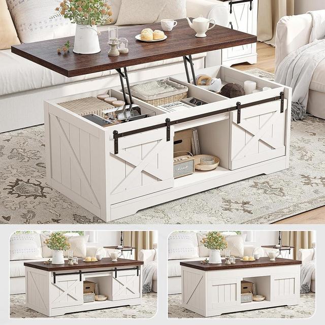 EnHomee Coffee Table Lift Top Coffee Table with Storage White Coffee Table with Lifting Top 48" Lift Coffee Tables for Living Room Center Table with Sliding Barn Doors