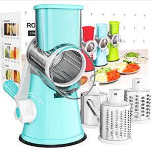 Cambom Rotary Cheese Grater Hand Crank Cheese Shredder for Fresh Cheese, Vegetable, Nuts,Non-slip Suction Base, Free Cleaning Brush Three Blades, Blue