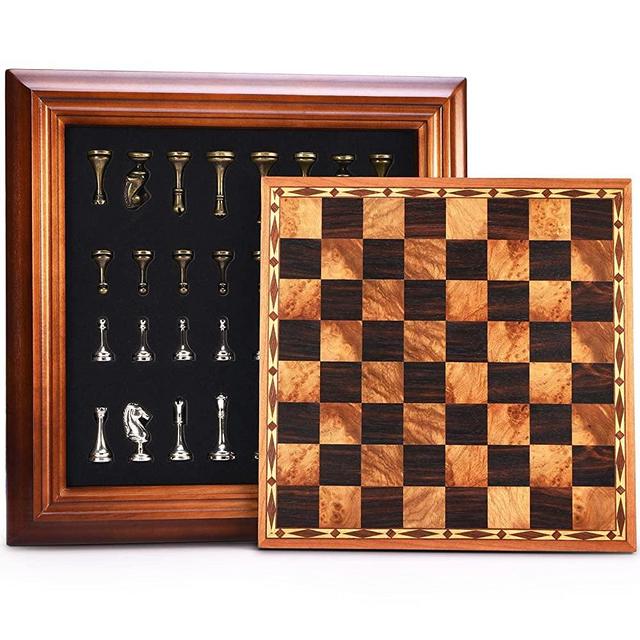 AMEROUS 14 inches Wooden Chess Set with Metal Chess Pieces / 2.5'' King / Storage for Chessmen / Gift Package / Instructions / Classic Board Game