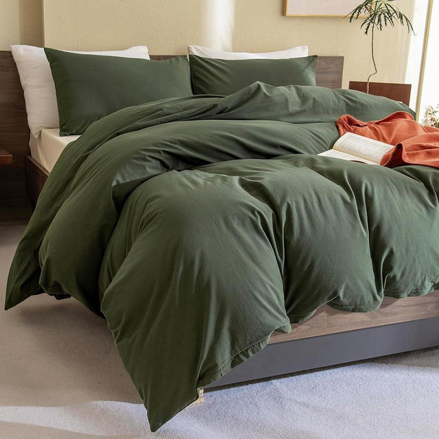 Sanracie Olive Green Comforter Set King 100% Cotton,Dark Green Bedding Comforers Set Solid Color,3 Pieces(1 Aesthetic Comforter and 2 Pillowcases) Soft Lightweight Fluffy Bed Set for All Season